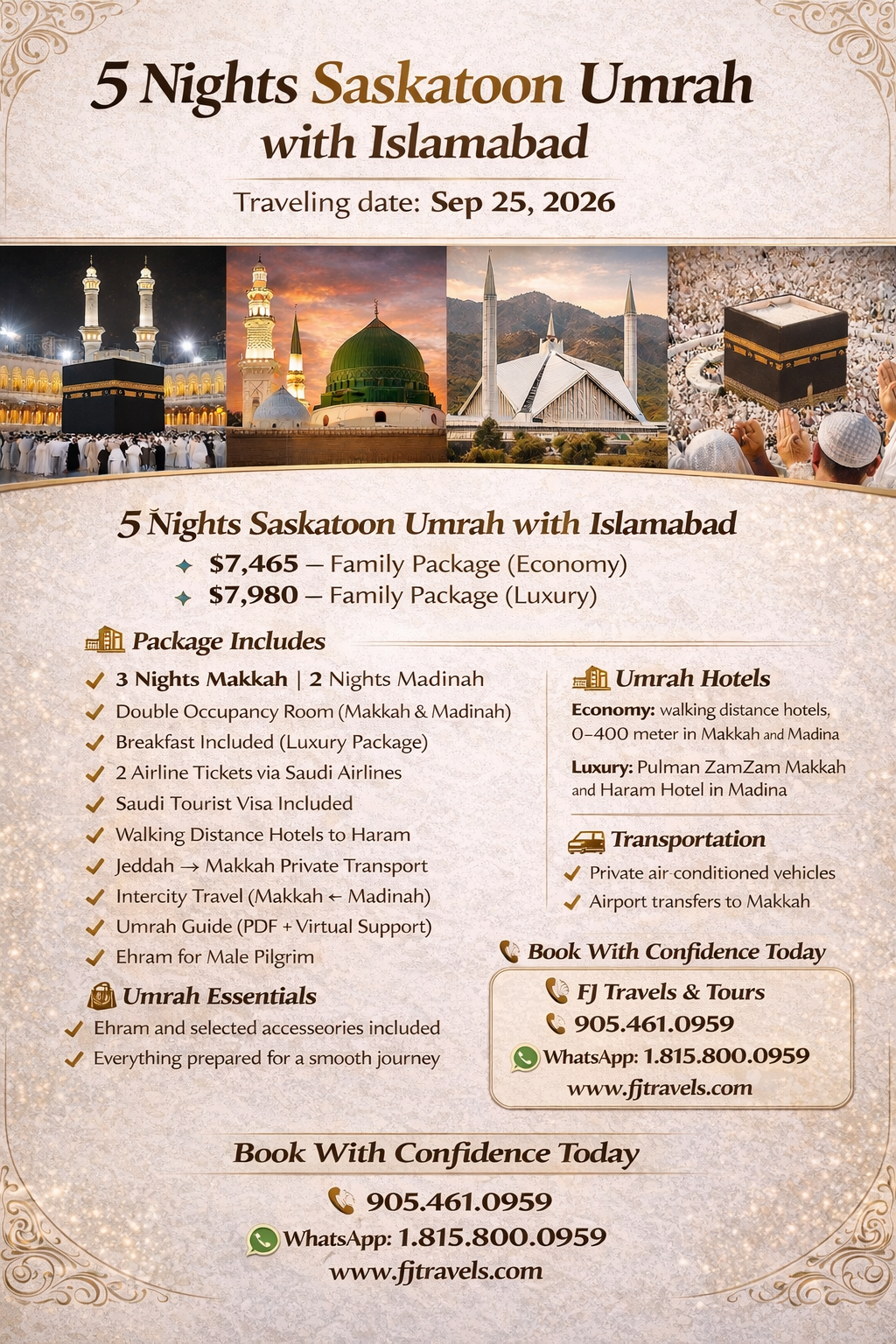 5 Nights Umrah From Saskatoon with Side Trip to Pakistan