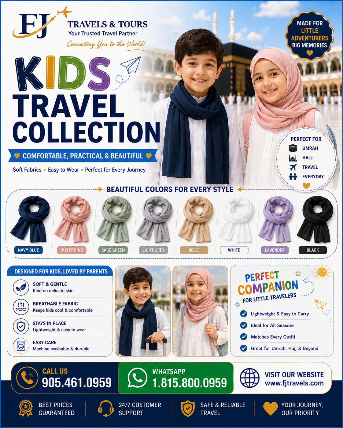 Kids Travel Collection featuring colorful children's scarves and travel accessories for Umrah, Hajj, family vacations, and international travel by FJ Store Canada.