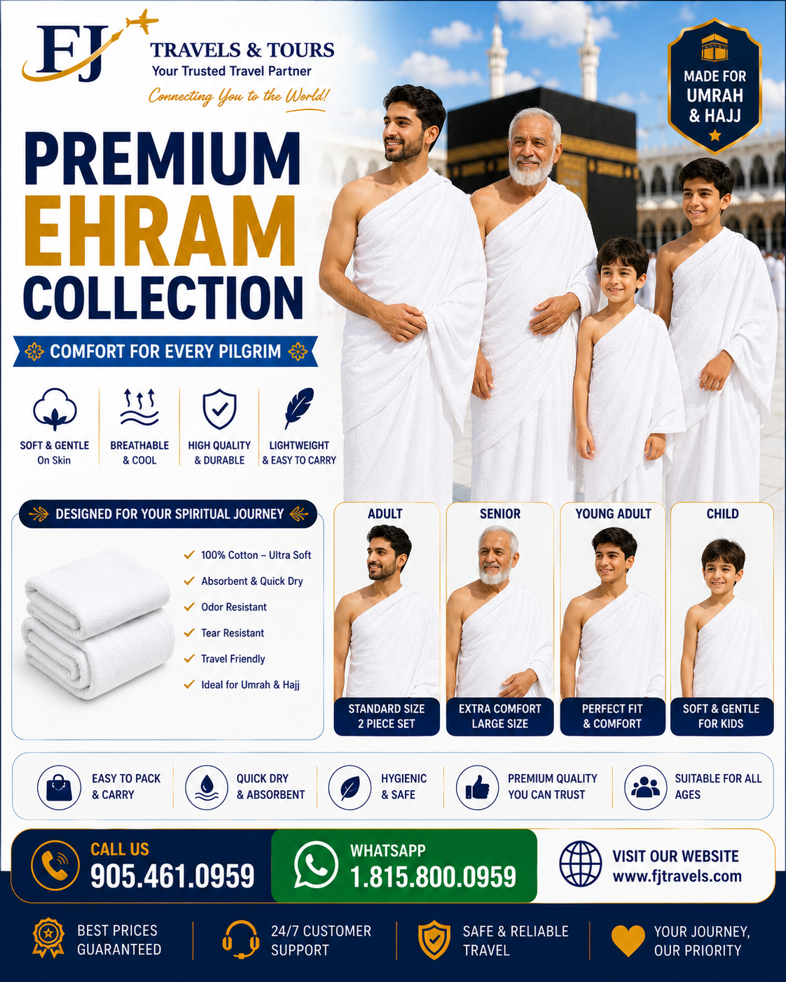 Premium Ehram Collection for adults, seniors, youth, and children preparing for Umrah and Hajj travel from Canada.